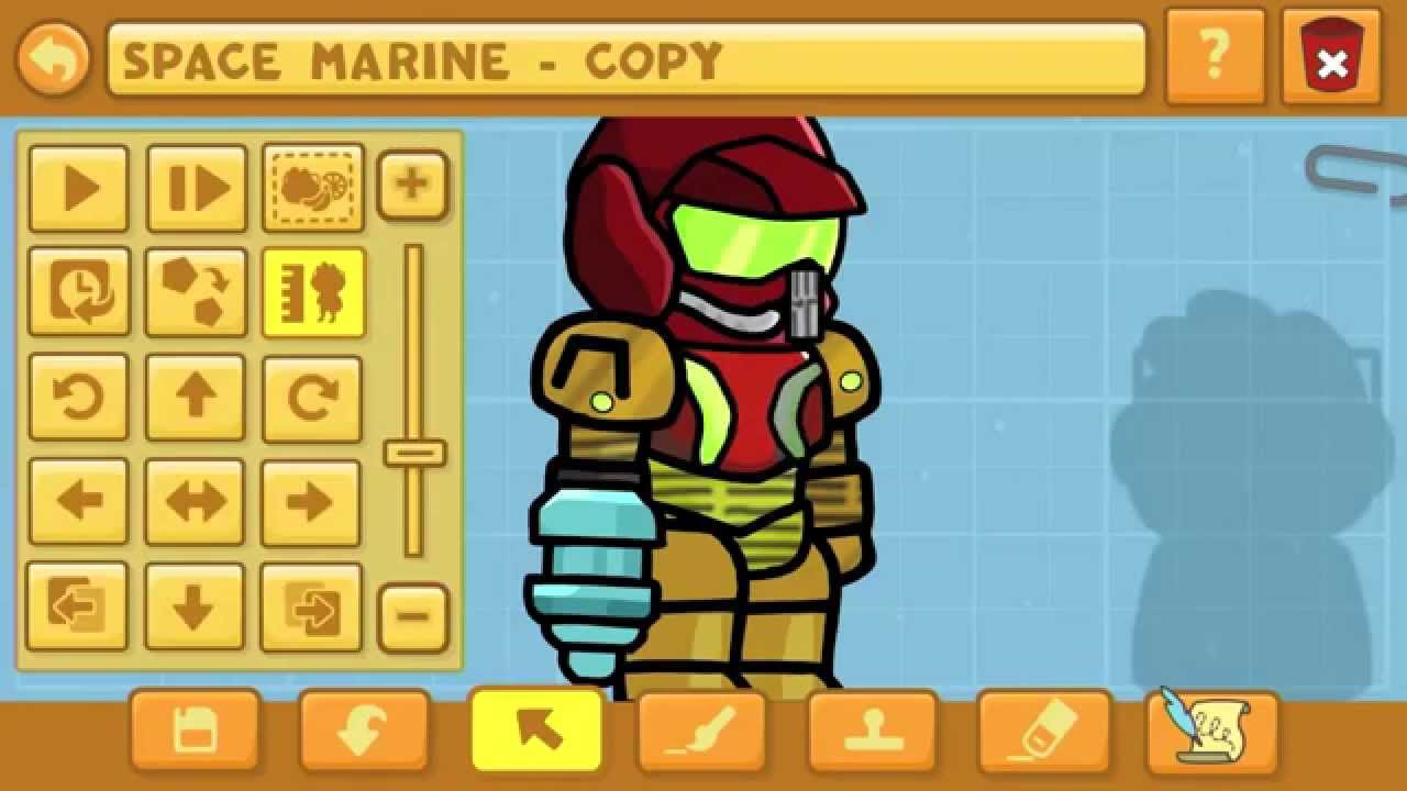 Scribblenauts Unlimited Object Editor showing a custom Space Marine character and editing controls.
