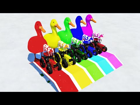 TRANSPORTING 5 GIANT DUCK, COWS WITH COLORED MINI TRACTORS ON RAINBOW COWS BRIDGE ON TRUCK - FS22