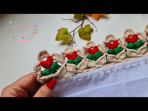 Crochet edging for a Tulip Dish Towel - Luxury #628 - Step-by-step instructions