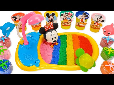 How To Make Kinetic Sand Rainbow Playdoh Bath Time With Mickey & Cutting ASMR 🌈 Kinetic Sand ASMR