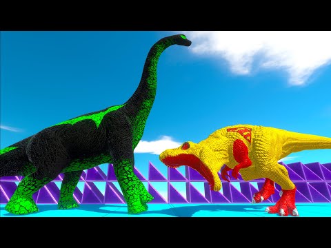 GREEN BATMAN BRACHIOSAURUS vs YELLOW SUPERMAN T-REX DEATH RUN - Animal Revolt Battle Simulator