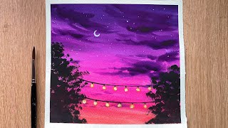 Watercolor Painting Tutorial | Sunset String Lights | Easy Watercolor Painting Idea