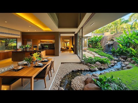 Seamless Interior Design: Indoor-Outdoor Kitchen and Dining with Garden Courtyard