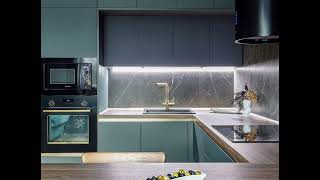 Современная П-образная зелёная кухня Проект 74 фото 4