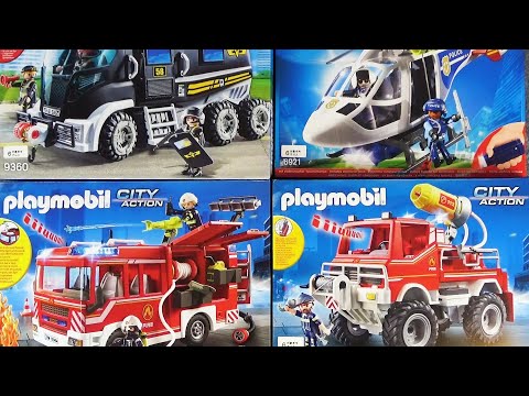 Let's assemble and play a playmobil fire engine, rescue person, police vehicle, helicopter ♪
