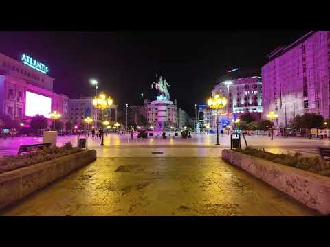 Skopje City Center at Night, Walking Tour 4K