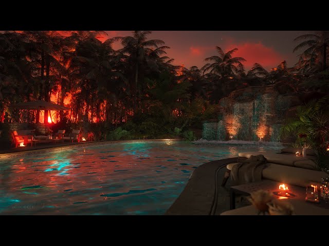 Vídeo relacionado con Atardecer en la jungla - Piscina con cascada para un atardecer mágico