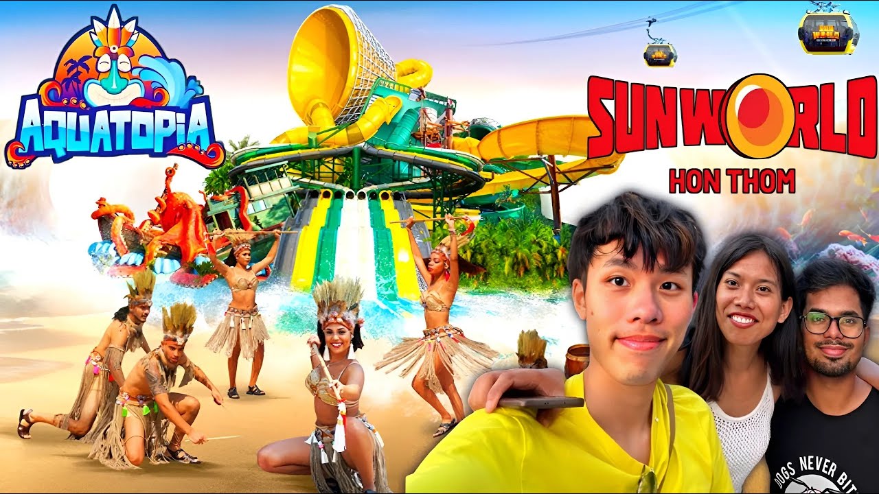 Tourists enjoy exhilarating slides and pools at the tropical-themed Aquatopia Water Park.