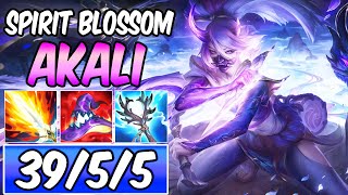 *39 KILLS* SPIRIT BLOSSOM AKALI MID ONE SHOT FULL AP GAMEPLAY New Build & Runes | League of Legends