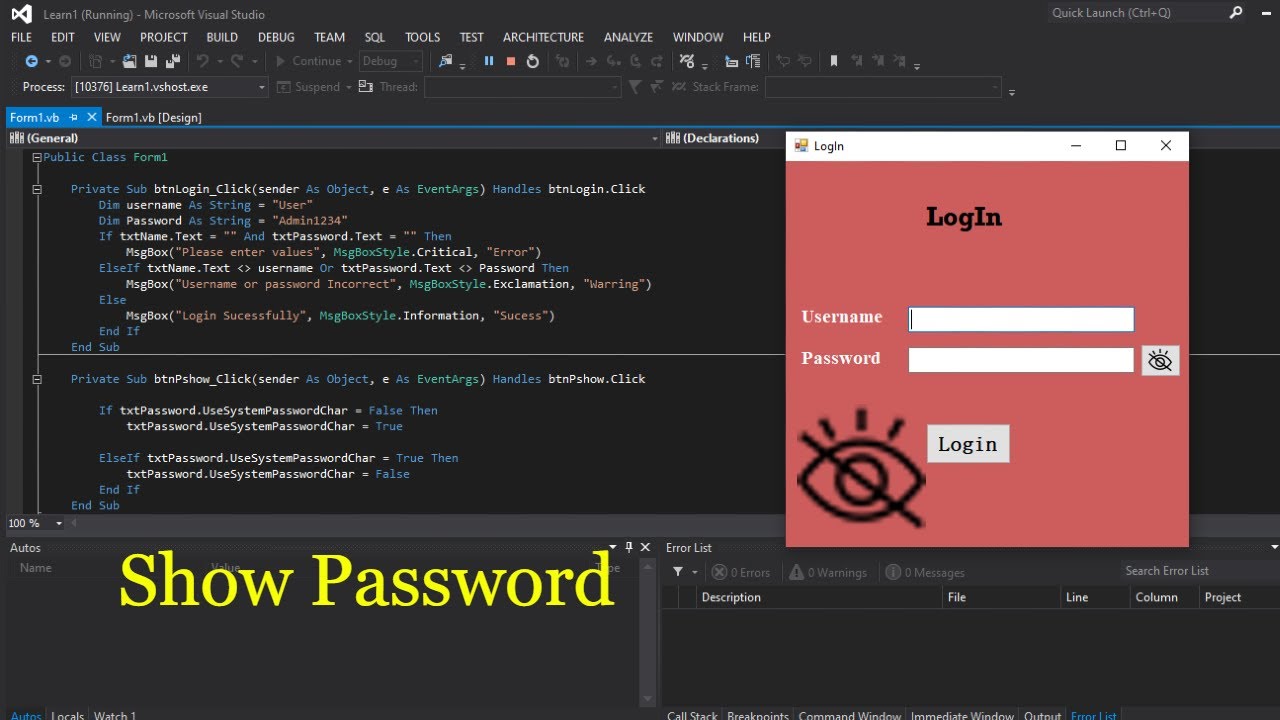 Visual Basic Tutorial: 2 |  Create a 'Show Password' Button in Windows Forms | Code Savvy Scouts