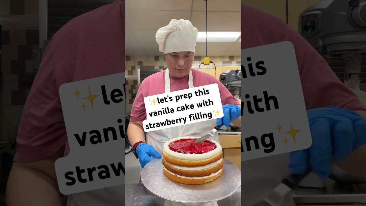 Let’s prep this vanilla cake with strawberry filling #cakeshorts #buttercream #cakelover #strawberry