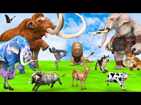 5 Giant Mammoth Elephant Cow vs Giant Monster Elephant Vs 5 Giant Lion Tiger Goat Saved By Mammoth