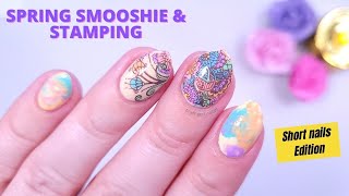 Pastel Spring floral nail design | Smooshie & Reverse stamping: Short nails Edition
