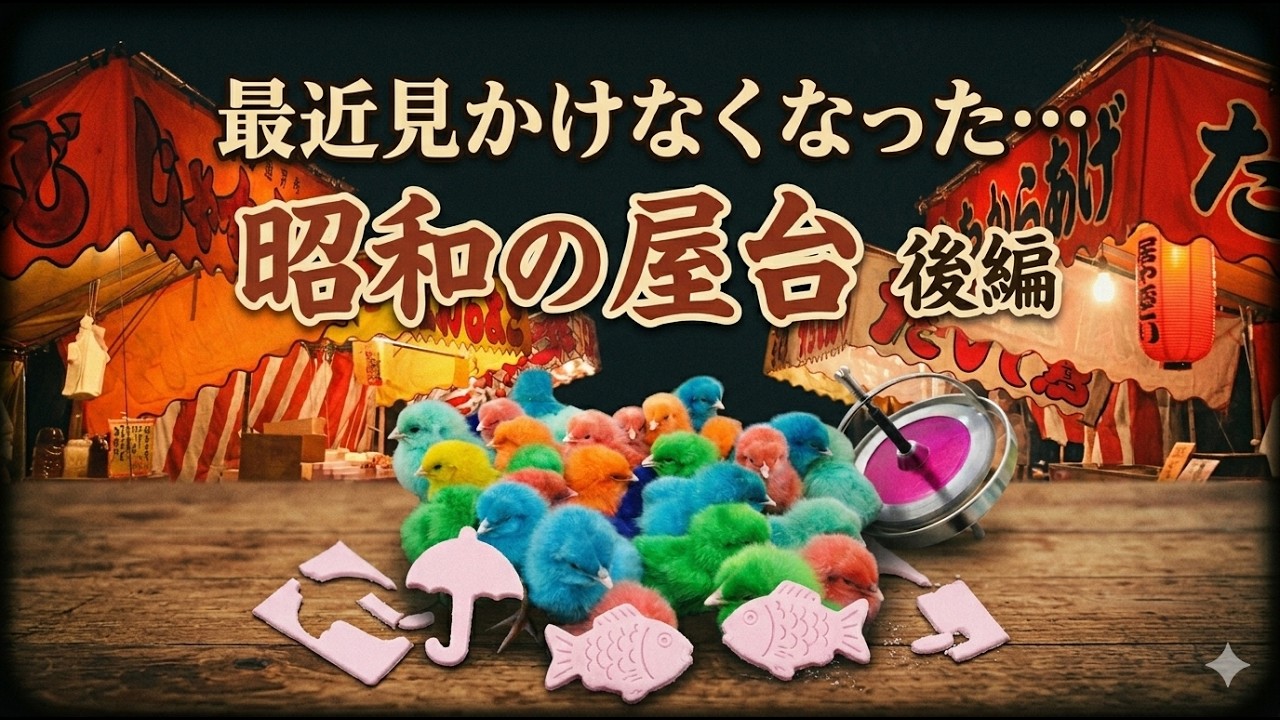 【懐かしい！昭和の縁日・お祭りの屋台・出店】カラーひよこ、型抜き、お化け屋敷、見世物小屋、スマートボール、ミドリガメ、うなぎ釣り、地球ゴマ、虫売り、ふろく屋、アメリカンクラッカー、水鳥笛、吹き戻しなど
