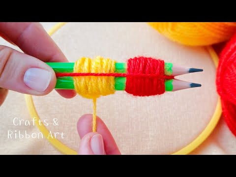 2 Superb Woolen Flower Making Trick Using Pencil -Hand Embroidery Amazing Flower Design -Sewing Hack