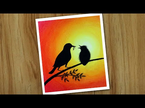 Mother bird feeding babies drawing, Easy oil pastel drawing for beginners