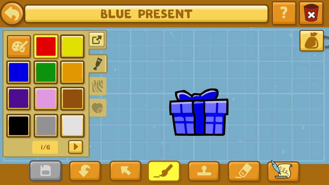 Scribblenauts Unlimited Object Editor interface showing customization of a blue present object.