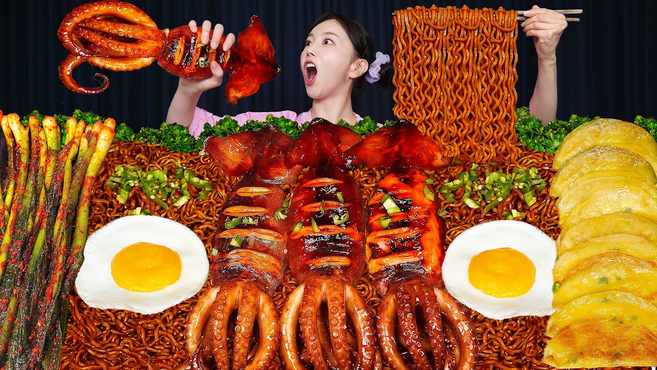 불오징어 🔥짜파게티 파김치까지 ! 갑자기 들리는 아기 울음소리?! Spicy Fire Squid with Jjajang Myeon &  Mukbang ASM