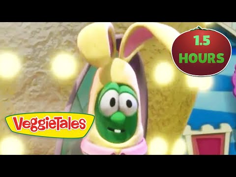 VeggieTales character with a green face wearing a yellow hat and pink collar on a stage, logo in corner, 1.5 HOURS badge visible