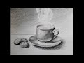 Comment dessiner une tasse de café chaud avec des biscuits au crayon/nature morte