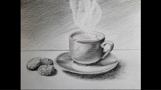 Comment dessiner une tasse de café chaud avec des biscuits au crayon/nature morte