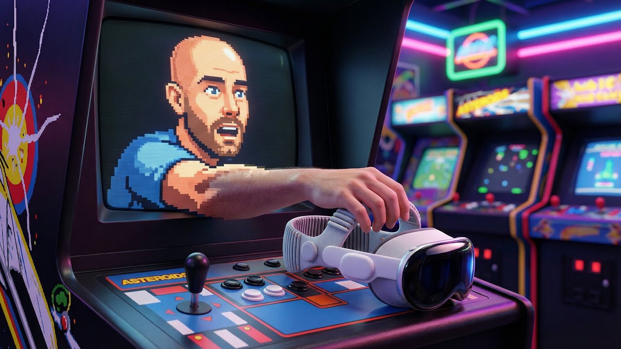 Retrocade on Apple Vision Pro showing arcade cabinets placed in a real living room using spatial computing