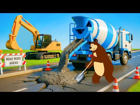 The Bear’s Garage 🐻🚜 Road Repair Time! Bear Works with the Big Cement Mixer! 🚧🔧