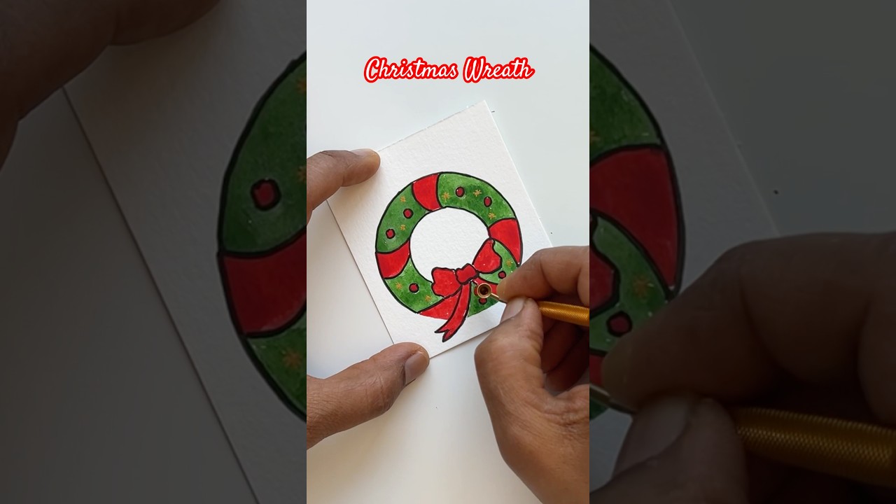 Watercolor Christmas Wreath Painting | Green, Red, and Gold Holiday Design #christmascard #crafty