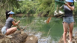 Girl fishing on the river - beautiful scenery and constant fish jerking