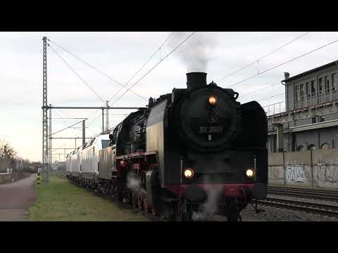 Dampflok schleppt moderne Siemens- Loks/ 50 3501 zu Gast im Raw Dessau