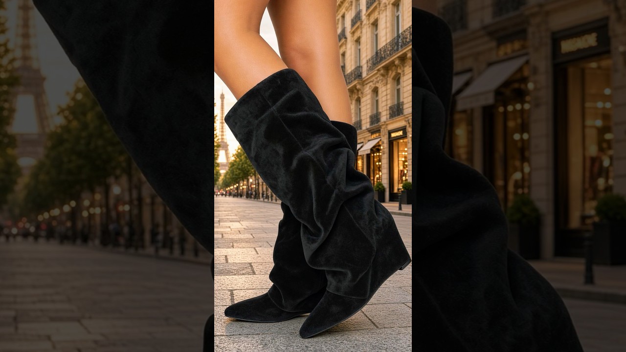 Bottes plissées daim noir talon compensé — Aperçu vidéo