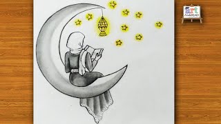 رسم سهل  تعليم رسم بنت بفستان طويل تجلس على هلال سهل بالخطوات 