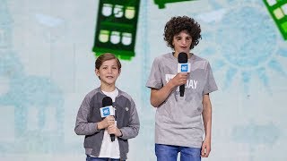 Jacob Tremblay and Nathaniel Newman speak together onstage at WE Day Seattle video
