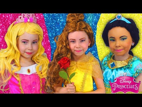 Disney Princesses Costumes & Kids Makeup with Colors Paints Pretend Play with Real Princess Dresses