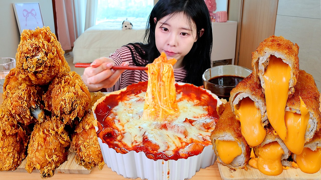 ASMR MUKBANG| 엽기떡볶이 후라이드 치킨 체다치즈 돈까스 주먹밥 먹방 & 레시피 FRIED CHICKEN AND Tteokbokki EATING