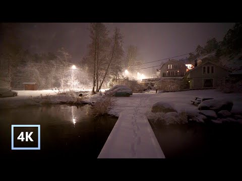 Walking in Snowfall at Night in Stockholm, Sweden, Sounds from Snow, Relaxing walk. 4K UHD