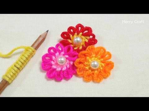 Super Easy Woolen Flower Making Trick with Pencil - Hand Embroidery Designs - Amazing Sewing Hack