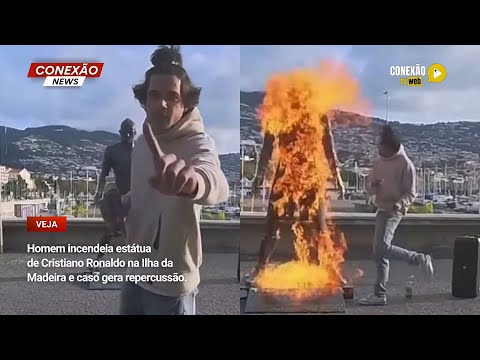 Vídeo: Homem incendeia estátua de Cristiano Ronaldo na Ilha da Madeira e caso gera repercussão.