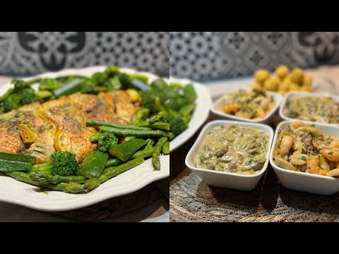 Baked Salmon with Vegetables, Mushroom Sauce and Seafood