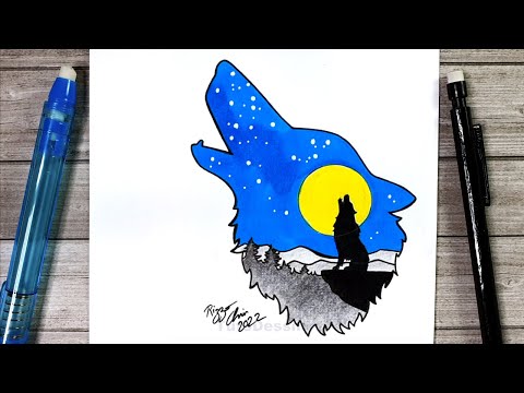 Superbe Dessin facile | Comment Dessiner un Loup pendant la pleine lune | Vidéo satisfaisante