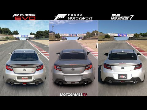 Assetto Corsa EVO vs Forza Motorsport (2023) vs Gran Turismo 7 - Toyota GR86 at Laguna Seca