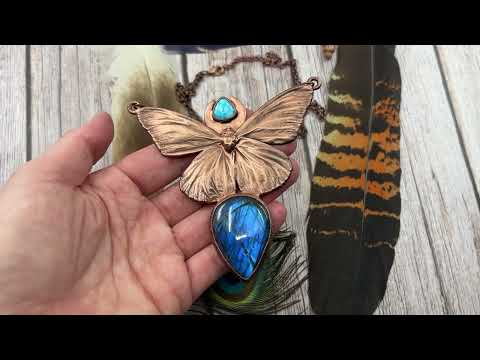 REAL Monarch Butterfly Necklace with Blue Labradorite & Kingman Turquoise - Copper Electroformed