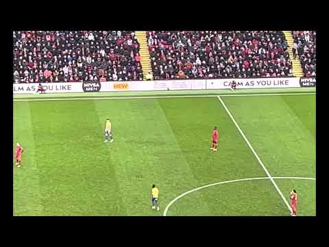 Bristol City’s Saikou Janneh making his loan Shrewsbury debut at Anfield 9/1/22. Fan footage