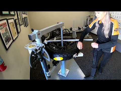 No-Mar Tire Changer Classic. BMW GS REAR WHEEL using Mount Demount Bar to install a Dunlop Mutant