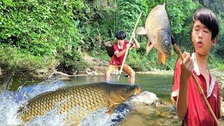 The boy caught fish in a primitive way and was lucky to catch  super big fish _ Wandering boy