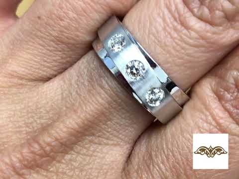 3 Stone Matte & Polished Finish Men's Wedding Band in 14k White Gold