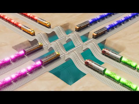 Impossible Triple Wave Rail Tracks Vs Trains Crossing Giant Pit, Deep Water, Pot Hole - BeamNG.Drive