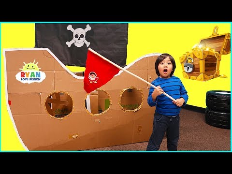 Ryan Pretend Play with Box Fort Pirate Ship Treasure Hunting!!
