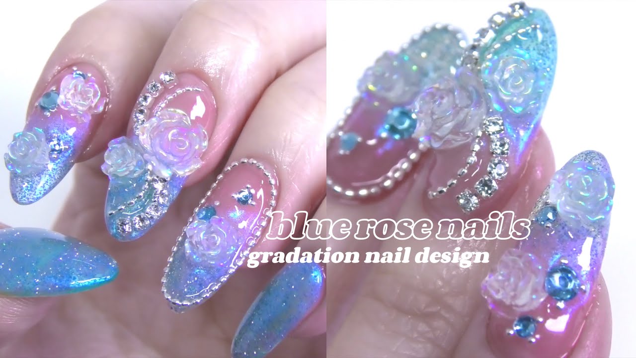 🫧ブルーローズネイル/ 2025春夏セルフジェルネイル・グラデーションデザイン여름네일/셀프네일/네일디자인/젤네일-blue rose nail•gradation gel nail design-