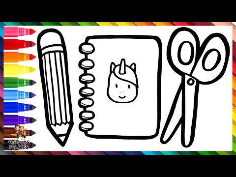 Dibuja y Colorea Un Lápiz, Un Cuaderno De Unicornio Y Una Tijera ✏️📔🦄✂️🌈 Dibujos Para Niños
